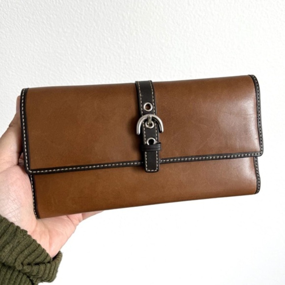Coach Leather Checkbook Wallet OS Brown Vintage Buckle Tri-fold Organizer‎